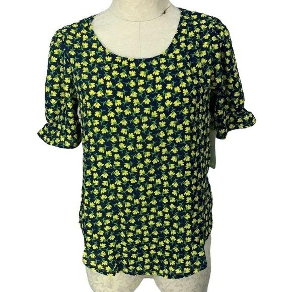 Lily White‎ Women's Short Sleeve Navy Blue Floral Print Blouse Size Small